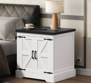 lot 3123 image: (103)Farmhouse End Table with Charging Station, 24 Large Sofa Table with Barn Door, Rustic Square White Nightstand with Adjustable Storage Shelf, Bedside Table for Bedroom, Living Room, Black