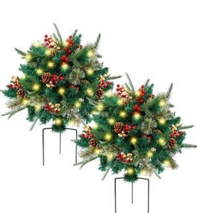 lot 3126 image: Glintoper Lighted Artificial Christmas Urn Filler, Pre-lit Xmas Pine Trees with Cones, Golden & Red Berries, Tripod Stake and 60 LED Lights, Outdoor Light Up Planter Filler Holiday Home Decor, 2 Pack