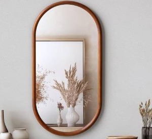lot 3155 image: Navaris Oval Wood Framed Mirror - Wall Mounted - 15L x 29.5W - Brown Wood Frame - Oval Shape - Distortion-Free Reflection - Versatile Hanging Orientation - Bathroom, Bedroom, Entryway Wall Decor