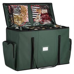 lot 3201 image: ZOBER All in One Christmas Ornament Storage Box & Decoration Container - Easy Access Removable Trays, Keeps 73 Ornaments - Adjustable Extent Area for Figurines and Pockets for Decoration - Green