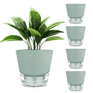 lot 3238 image: HYNZ Green Self Watering Plant Pots - 6 Planters for Indoor Plants - Pack of 5 Flower Pots - Plant Pots with Drainage Hole and Tray Saucer (Frosted Dark Green)