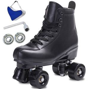 lot 3244 image: SCNUT Skates Womens Mens High Top Black PU Leather Classic Double Row Adjustable Outdoor Indoor Quad Skates and Roller Derby (Black Wheel, 44-Womens10  Mens 9)