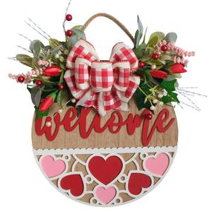 lot 3247 image: Bibelot 16 inch Valentines Day Welcome Sign for Front Door Front Porch Decor, Romantic Wooden Board Welcome Signs with Flowers Leaves Bow for Indoor Outdoor Wedding Anniversary Party Decorations