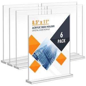 lot 3249 image: Enayplon Acrylic Sign Holder 8.5 x 11, Double Sided Sign Holder Stand, Plastic 6 Pack Table Paper Stand, Vertical Menu Flyer Stand, T Shape Table Flyer Holder