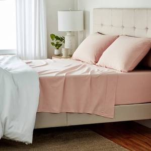 lot 3283 image: Amazon Basics 4 Piece Bed Sheets Set, 100% Cotton Jersey, Includes Super Soft, Flat and Fitted Sheets, Pillowcase, Queen, Blush, Solid