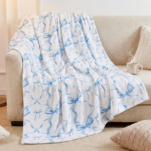 lot 3290 image: Buryeah Blue Bow Throw Blanket Valentines Day Galentines Day Gifts Preppy Blanket Coquette 50 X60 Flannel Soft Cute Bow Lightweight Aesthetic Room Decor for Women Friends for Sofa Couch Travel Bed