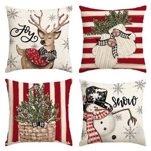 lot 3293 image: AVOIN colorlife Christmas Snowman Reindeer Gloves Eucalyptus Red Throw Pillow Covers, 20 x 20 Inch Winter Holiday Stripes Cushion Case Decoration for Sofa Couch Set of 4