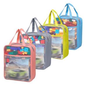 lot 3299 image: 4 Pack Extra Large Mesh Toy Zipper Storage Bags(11.8  9.8  5.2in),Magnetic Tiles Block Sets Plush Toy Storage Organizer with Pockets, Travel Breathable See Through Colored Pouch with Handle