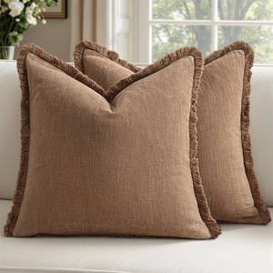 lot 3352 image: Woaboy Decorative Linen Fringe Throw Pillow Covers Boho Farmhouse Soft Cushion Covers Accent Pillowcases with Tassels for Living Room Couch Sofa Bed Chair,20x20 Inch Set of 2,Brown