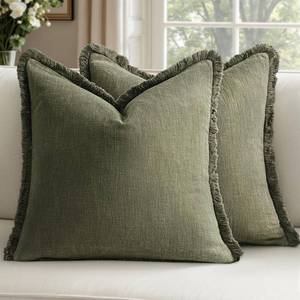 lot 3364 image: Woaboy Decorative Linen Fringe Throw Pillow Covers Boho Farmhouse Soft Cushion Covers Accent Pillowcases with Tassels Spring Home Decor for Livingroom Couch Sofa Bed,20x20 Inch Set of 2,Olive Green