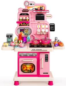 lot 3399 image: Kids Kitchen Playset, Toddler Play Kitchen Set Toys with Sound & Light, Cooking Stove, Play Sink, Play Food Kitchen Accessories, Pretend Kitchen Toy for Kids Toddlers Girls Ages (Pink)