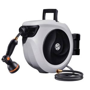 lot 3403 image: SUNPOW Retractable Garden Hose Reel 12 Inch x 33ft - Wall Mounted Lightweight Hose Reel with 34 Inch Brass Fittings &amp 10-Pattern Nozzle - Auto Rewind System, Any Length Lock, 180° Swivel Bracket