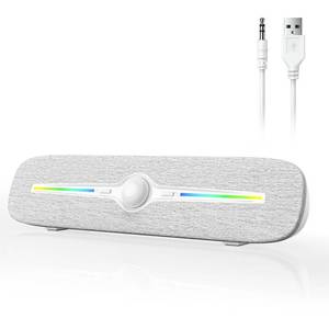 lot 3407 image: SOULION Computer Speakers for Desktop, USB Powered Bluetooth PC Speaker with Led Light, 3.5mm Aux Soundbar with Rotary Volume Control Button for Laptop Monitor White