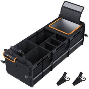 lot 3432 image: HEYTRIP Large Trunk Organizer With Built-in Leakproof Cooler Bag, 2 Tie-Down Straps, 4 Removable Dividers, Foldable Cover, Built with 2mm PE Board