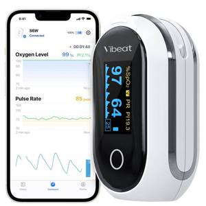 lot 3454 image: Vibeat Rechargeable Oxygen Meter Finger Pulse Oximeter, Bluetooth Fingertip Blood Oxygen Saturation Monitor with Pulse Rate, Batteries and Lanyard Included, Free APP
