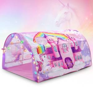 lot 3502 image: Wowangce Unicorn Bed Tent for Kids Large Kids Twin Tent Toddler Play Bed with Carry Bag Foldable with String Lights for Girls Boys Bedroom Indoor Games