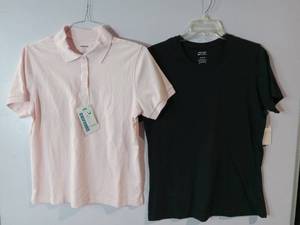 lot 67204 image: APPEARS NEW - Port and Company Shirt & Extreme E-Dry Womens Polo Shirt, Pink and Black. (Size Medium) 2 Pack