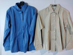 lot 67213 image: APPEARS NEW - Lady Edwards & Jonathan Corey Ladies Button Down Shirts, Blue & Khaki (Size Medium) 2 Pack