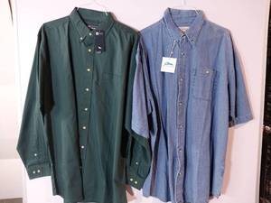 lot 67222 image: APPEARS NEW - Blue Generation & Tri-Mountain Mens Button-Down Shirts, Hunter Green & Blue Denim (Size XLT) 2 Pack