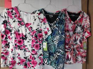 lot 66526 image: APPEARS NEW - Landau Medical Scrub Tops Collection - Floral and Abstract Prints (Size XL) Lot of 3