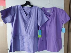lot 66534 image: APPEARS NEW - Landau & Fundamentals Purple Medical Scrub Tops (Size Small) Lot of 2