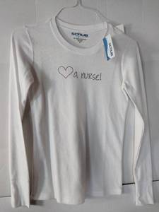 lot 66575 image: APPEARS NEW - Scrub Brand White Long Sleeve Nurse Heart Top (Size S)