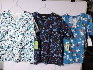 lot 66628 image: APPEARS NEW - Landau & BIO Scrub Top Collection - Butterfly and Dragonfly Prints (Size XL) 3 Pack