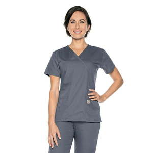 lot 66634 image: APPEARS NEW - Landau Womens Faux Wrap Tunic Scrub Top, Style 70224GREY & Fashion Seal Top Style 7144 (Size Small) 2 Pack