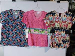 lot 66638 image: APPEARS NEW - Landau. White Swan and eckoRed Medical Scrub Tops Bundle (Size XS) 3 Pack