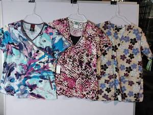 lot 66682 image: APPEARS NEW - Landau, BIO & EckoRed Medical Scrub Tops Bundle - Floral and Abstract Patterns (Size Small) 3 Pack