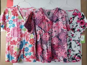 lot 66710 image: APPEARS NEW - Landau, Peaches, & Med Couture Floral Medical Scrub Tops (Size Medium) Lot of 3