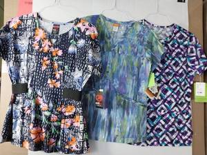 lot 66720 image: APPEARS NEW - Echo Red, Bio & Glam Medical Scrub Tops (Size Small) Lot of 3