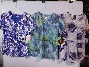 lot 66873 image: APPEARS NEW - Landau, EckoRed & eLan Medical Scrub Top Bundle Piece Print Collection (Size Medium) 3 Pack