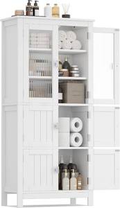 lot 3 image: $114 53.1 H Tall Bathroom Storage Cabinet, 6-Door Linen Pantry White