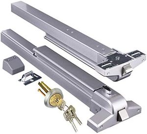 lot 21 image: $50 Push Bar Panic Exit Device with Exterior Lever, Stainless Steel