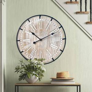 lot 33 image: $56 24-Inch Farmhouse Wall Clock, Rustic Wood, Metal Circle & Numerals