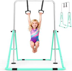 lot 39 image: $63 Height Adjustable Gymnastics Bar with Rings, Foldable Home Gym