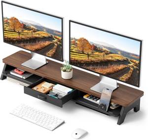 lot 81 image: $80 Dual Monitor Stand Riser, LED 2-Tier 39.3 Monitor Stand, Walnut
