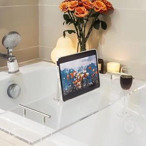 lot 113 image: $80 Acrylic Bathtub Tray Caddy with BookWine Glass Holder, 39.3in, see not