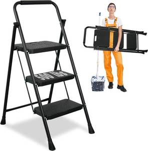 lot 216 image: $50 3-Step Ladder Portable Steel Folding Stool, Wide Anti-Slip Pedal