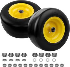 lot 237 image: $71 HQPASFY 13x6.50-6 Flat-Free Mower Tire & Wheel Set, 2 Front Tires