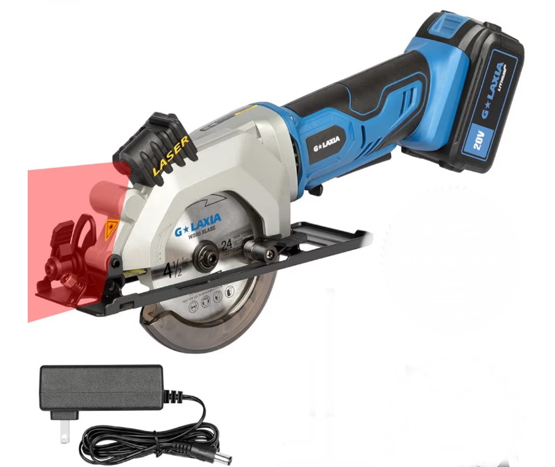 lot 1102 image: Mini Circular Saw, 4-12 3400RPM Compact Cordless Circular Saw with 4.0A Battery, Laser Guide, Rip Guide, Mini Table Saw with 2Pcs Blades for Wood, Soft Metal and Plastic Cuts (previously used)