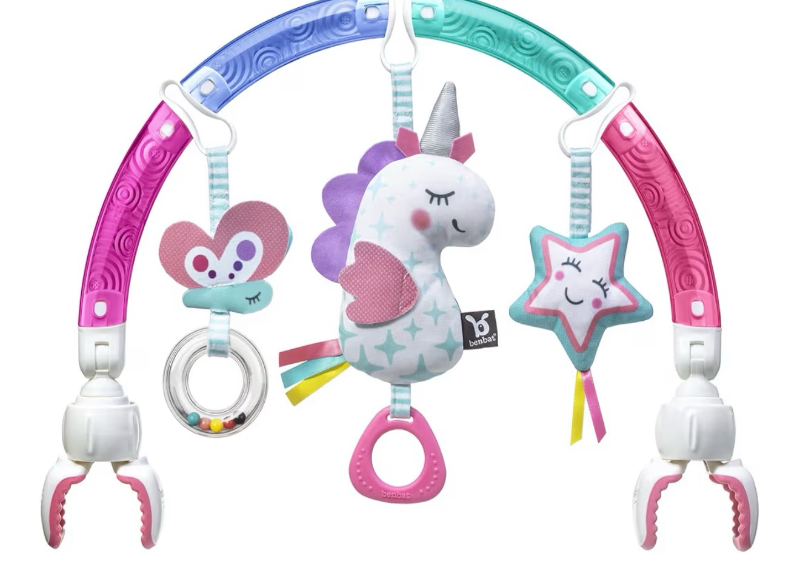 lot 1358 image: BENBAT Baby Stroller Arch Toy Rainbow Dazzle Friends Play Bar. Fun Newborns Sensory Activity, Adjustable for Bouncers and Car Seat, Unicorn