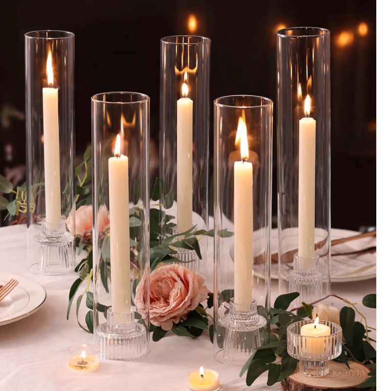 lot 1440 image: 9 Set Hurricane Glass Candle Holders for Taper Candles, Candlestick Holders with Windproof Glass Tubes(11.812.613.8 H), Taper Candle Holders for Table Centerpieces, Wedding, Party Decor