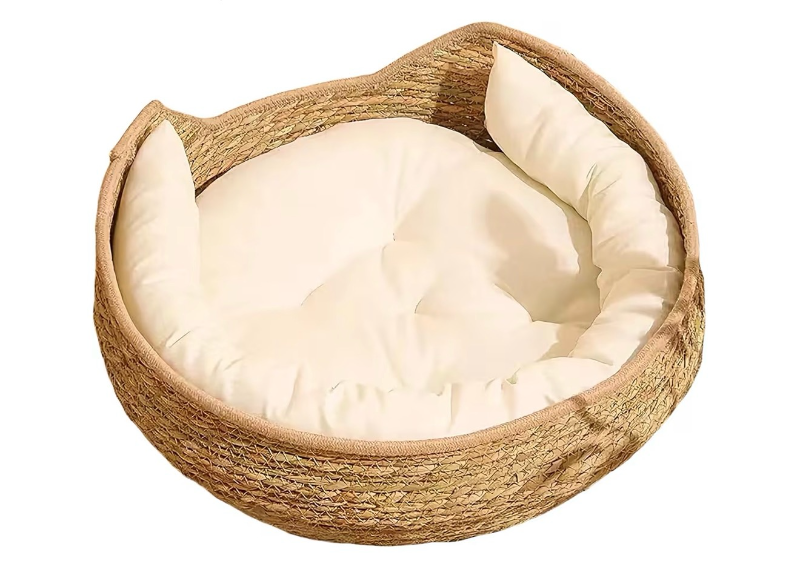 lot 1455 image: Cat Bed Basket - Handmade Wicker Nest Cradle, Round Pet Sleeping Bowl, Cute Lounge Basket  Washable Cushion Bed for Kitten Puppy Small Medium Dog Cats All Breeds Indoor Animal Furniture