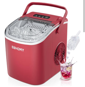 lot 2978 image: Countertop Ice Maker Machine with Handle, 26lbs Per Day, 9 Ice Cubes Ready in 6 Mins, Auto-Cleaning Portable Ice Maker with Basket and Scoop, for HomeKitchenCampingRV (Red) - Retail $0