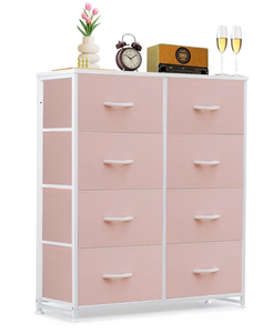 lot 2985 image: 8-Drawer Dresser for Bedroom, Anti-Tip Tall Storage Organizer Chest of Drawers with Wooden Top and Metal Frame Fabric Bins for Closet, Living Room, Hallway, Entryway, Pink - Retail $0