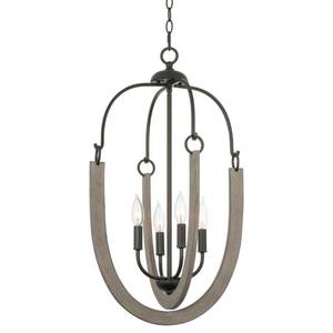 lot 2990 image: Kira Home Daphne 28  4-Light Farmhouse Pendant Light  Gray Oak Wood Style  Black Finish - Retail $104