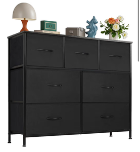 lot 3000 image: OLIXIS 7 Drawers Dresser for Bedroom, Fabric Storage Tower for Living Room, Entryway - Sturdy Steel Frame, Wooden Top & Easy Pull Fabric Bins, Closet Chests Organizer for Clothes, Black - Retail $0