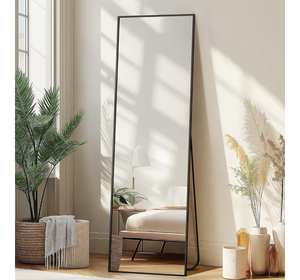 lot 3004 image: Delma Wall Full Length Mirror,Standing Mirror Full Body,Large Floor for Wall Door Bedroom Bathroom Living Room with Aluminium Frame(with Stand,56x15-Black) - Retail $0